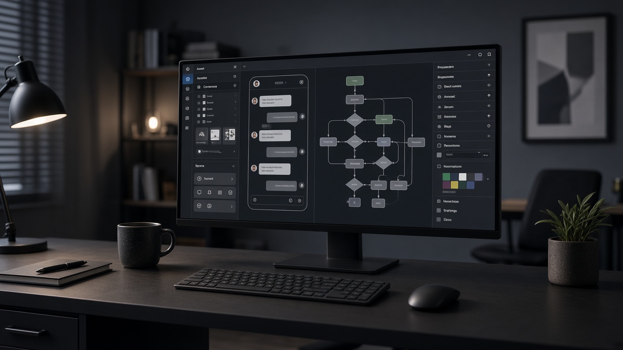 UX workspace showing chatbot wireframes and conversation flows